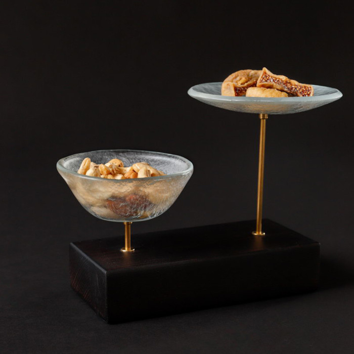 NUT DISH 2 PARTS CLEAR GLASS WITH WOODEN BASE L17.5XW8XH15CM MGS