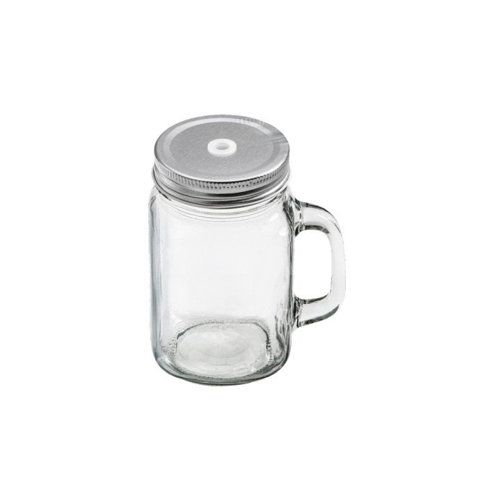 DRINKING JAR WITH HANDLE AND PERFORATED LID 40CL GLASS