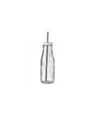 MILK DRINKING BOTTLE GLASS 25CL WITH 2 LIDS AND 1 STRAW