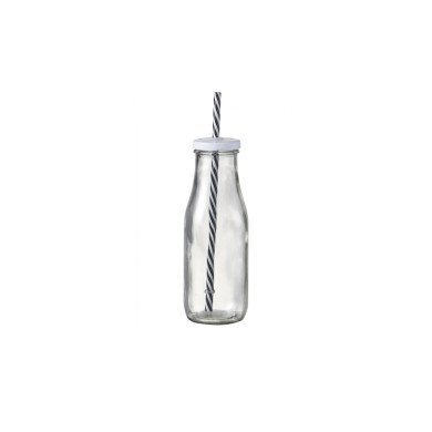 MILK DRINKING BOTTLE GLASS 25CL WITH 2 LIDS AND 1 STRAW