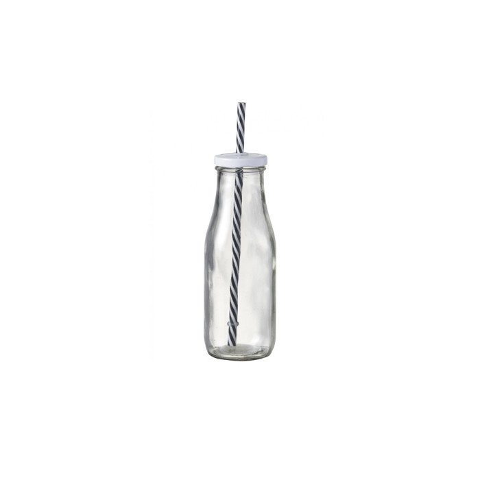 MILK DRINKING BOTTLE GLASS 25CL WITH 2 LIDS AND 1 STRAW