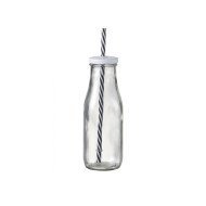 MILK DRINKING BOTTLE GLASS  44CL WITH 2 LIDS AND 1 STRAW
