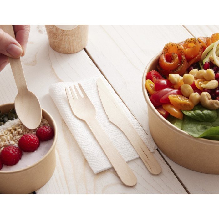 Kit spoon, fork, wooden knife and kraft napkin 23cm Earth Essentials (500 units)