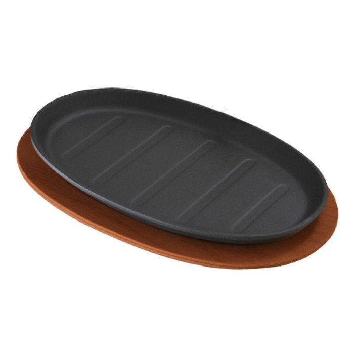CAST IRON OVAL FAJITA PLATE 28X18CM WITH WOODEN PLATTER ONLY OVAL