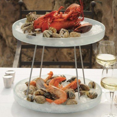 SEAFOOD TOWER TRAY 2-TIER CRACKLED GREEN-WHITE GLASS Ø36CM H32CM