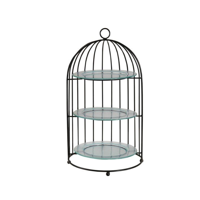 BIRD CAGE STAND WITH NATURAL GLASS PLATES BLACK Ø40CM H65CM METAL