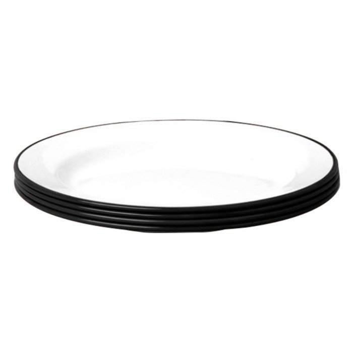  FLAT PLATE  STEEL ENAMEL ROUND WHITE 24CM WITH BLACK RIM  (4 PIECES)