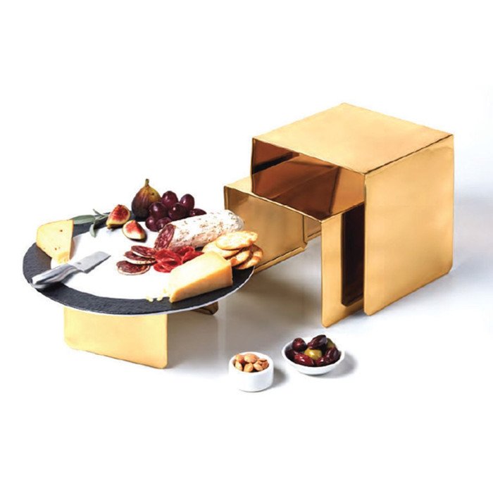 SQUARE BUFFET RISER SET OF 3 SQUARE GOLD STAINLESS STEEL 